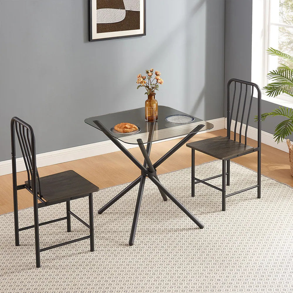 Dining Set For 2, Square Glass Tempered Dining Table With 4 Legs And 2 Metal Chair For Home Office Kitchen Dining Room, Black & Brown