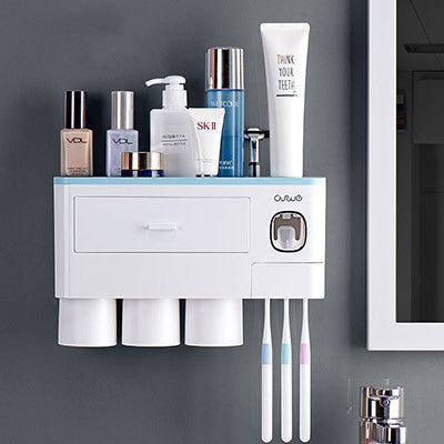 Non-marking Hanging Magnetic Toothbrush Holder Single Drawer Storage Rack With Toothpaste Squeezer Toiletry Set