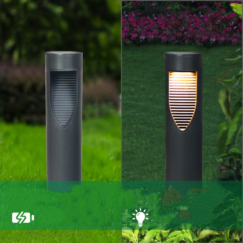 Solar outdoor lawn light with European design, stainless steel and plastic, IP44 protection.