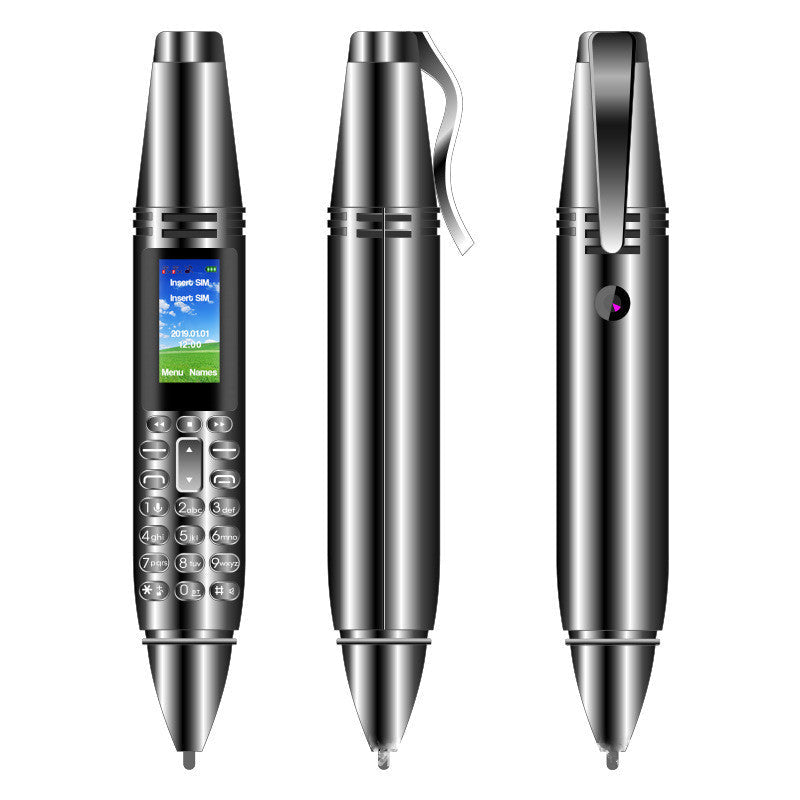 Voice recorder mini mobile phone with Bluetooth, rotating design, pen shape.