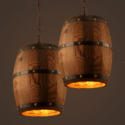 Wine barrel wooden chandeliers with creative personality design, featuring LED lights and wooden shade.