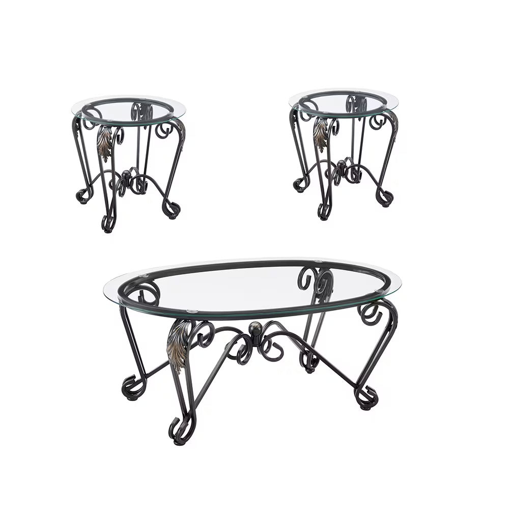 Tempered Glass Coffee Table Set Of 3,with 1 Oval Coffee Table 2 Round End Side Table,for Living Room