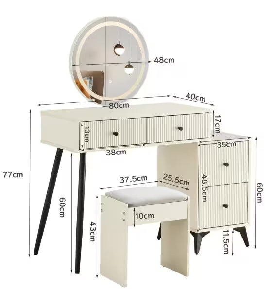 Modern glass top vanity table with round LED mirror, lights, and adjustable shelves.