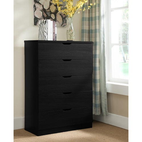 Modern Black Five Drawer Clothes And Storage Chest Cabinet With Metal Drawer Glides