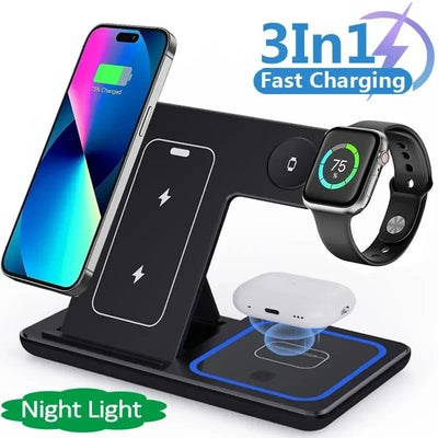 3 in 1 LED fast wireless charger stand for Smartphones, iWatch, and AirPods Pro, in use.